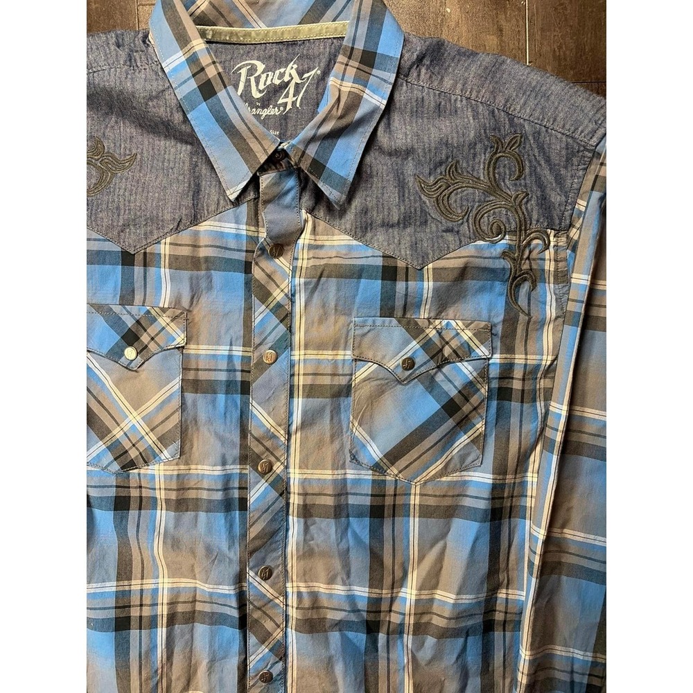 Rock 47 by Wrangler Western Shirt Mens XL Blue Plaid Embroidered Yoke Snap Front - Picture 3 of 7